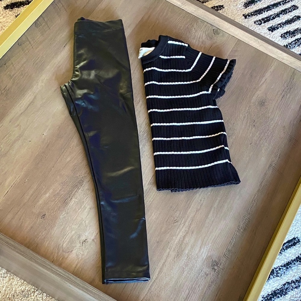 Black Faux Leather Leggings and Black and White Striped Sweater Set